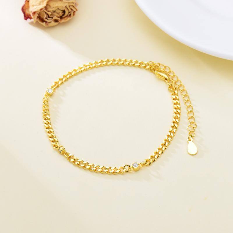 Plata de ley con baño de oro amarillo Pulsera de cadena de eslabones circulares con circon-3