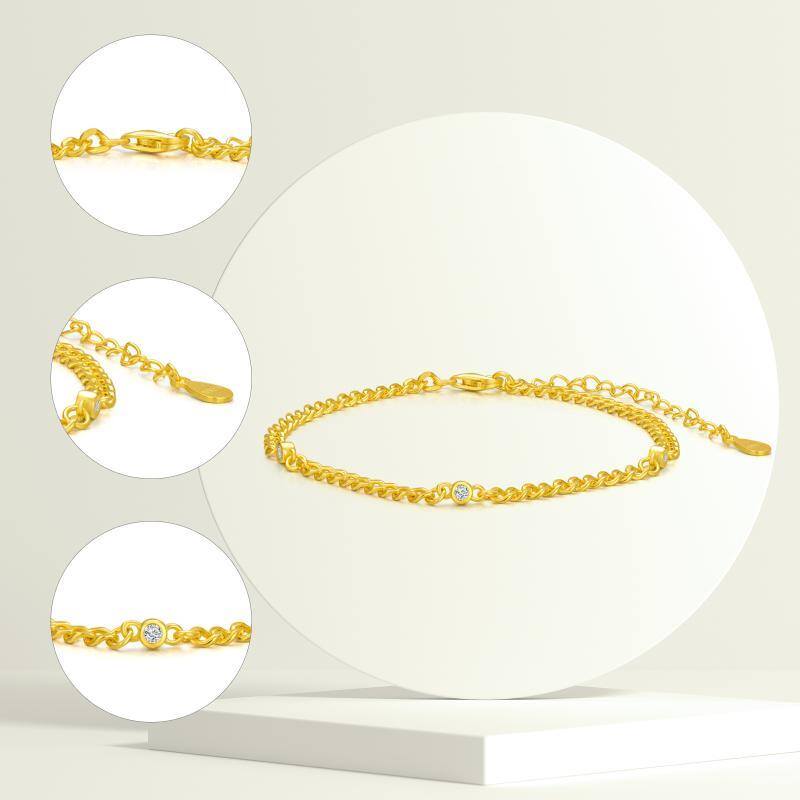 Plata de ley con baño de oro amarillo Pulsera de cadena de eslabones circulares con circon-5