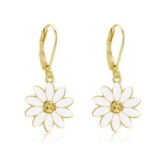 Sterling Silver with Yellow Gold Plated Circular Shaped Cubic Zirconia Daisy Drop Earrings-2