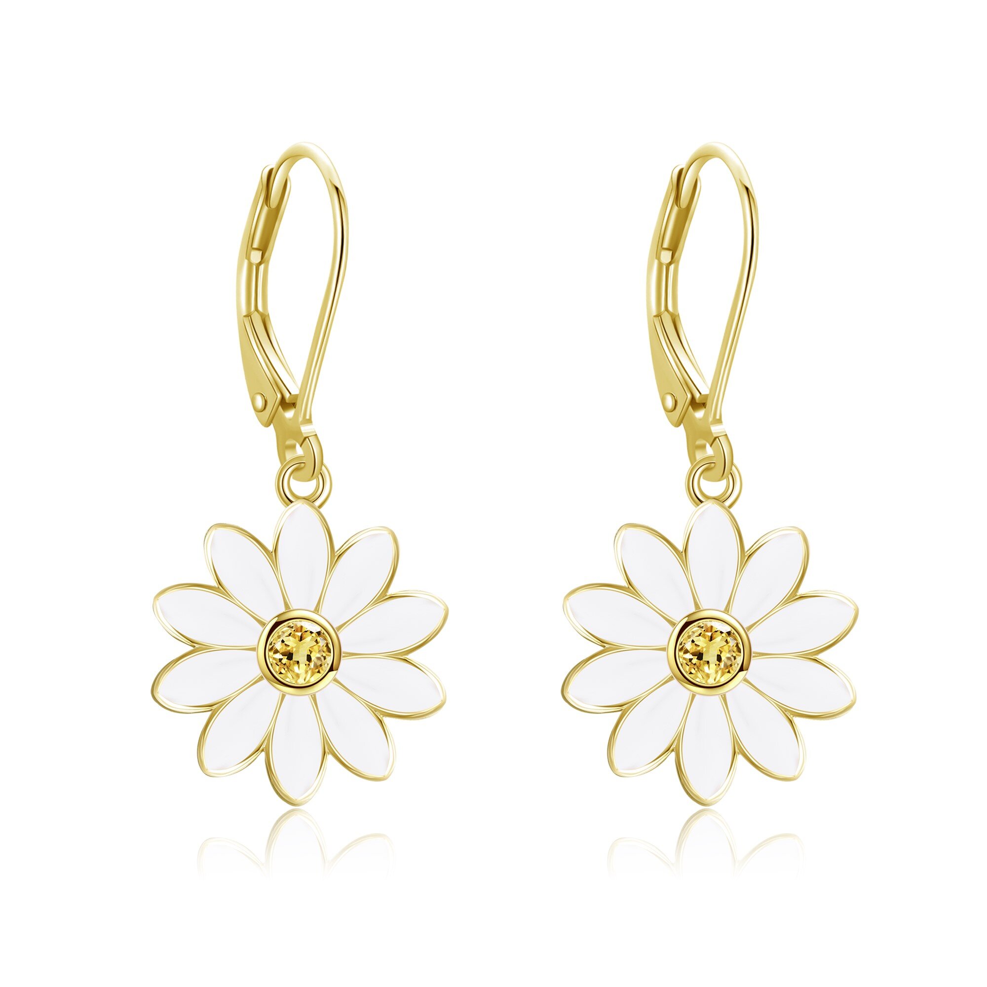 Sterling Silver with Yellow Gold Plated Circular Shaped Cubic Zirconia Daisy Drop Earrings-2