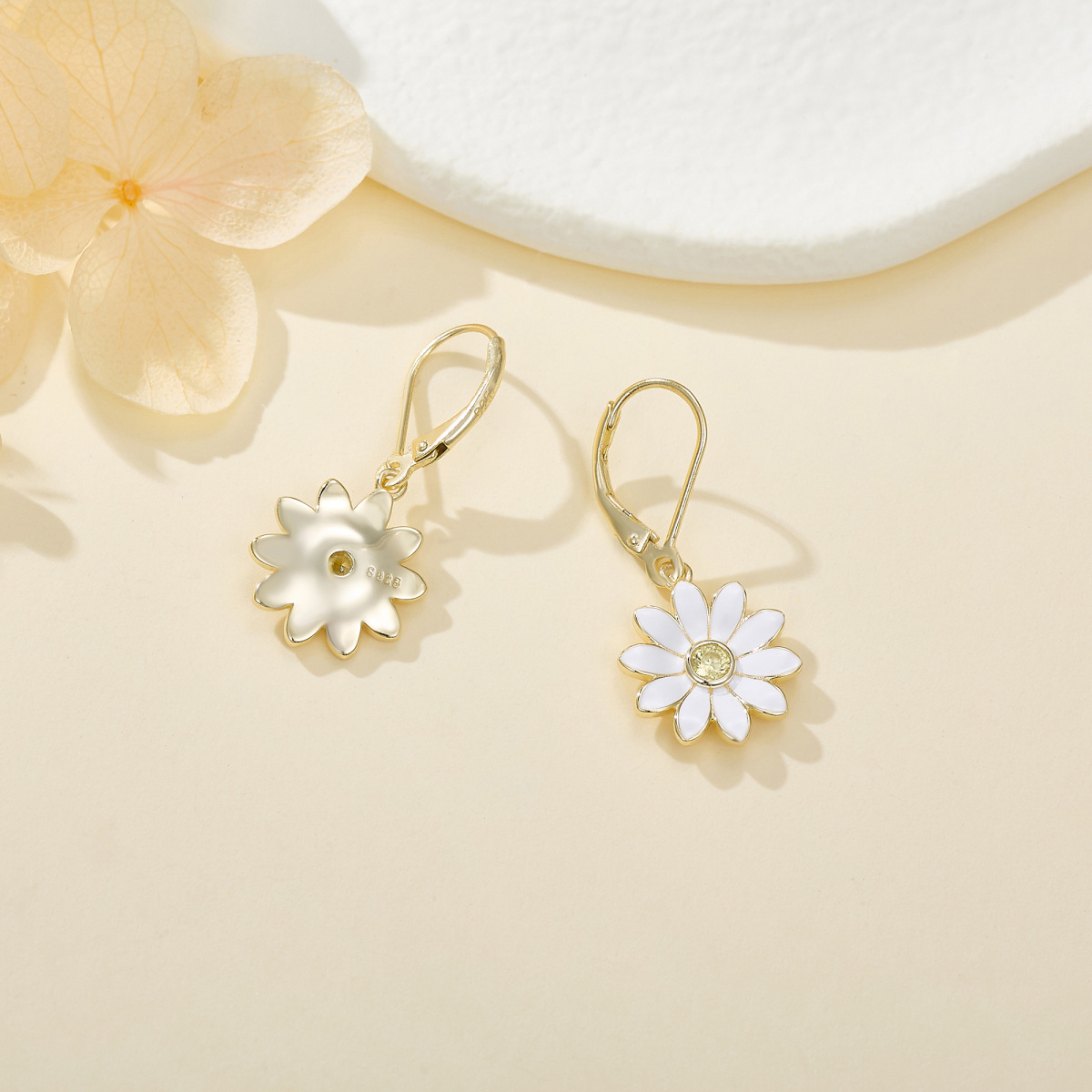 Sterling Silver with Yellow Gold Plated Circular Shaped Cubic Zirconia Daisy Drop Earrings-3