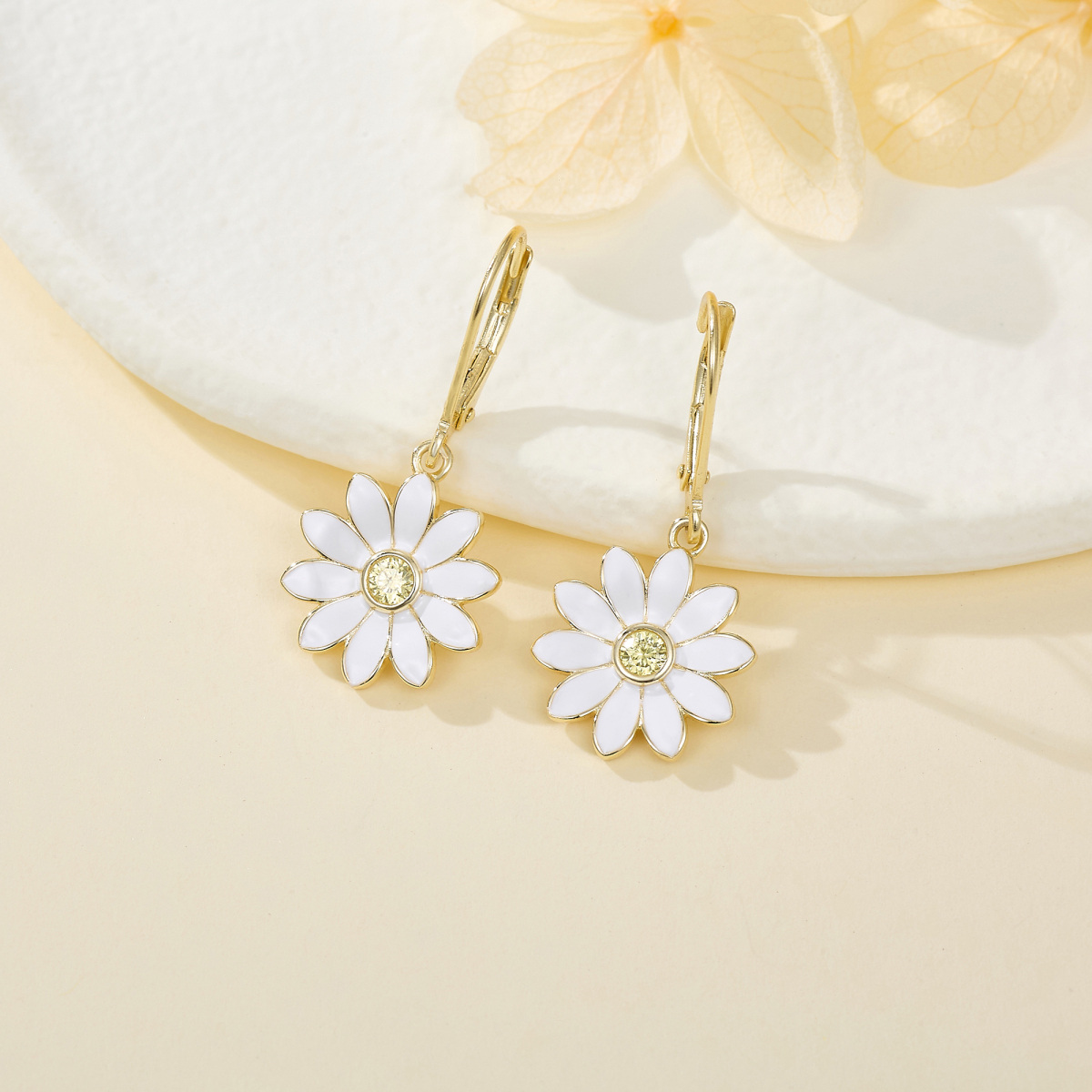 Sterling Silver with Yellow Gold Plated Circular Shaped Cubic Zirconia Daisy Drop Earrings-4