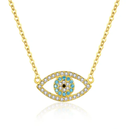 Sterling Silver with Yellow Gold Plated Circular Shaped Cubic Zirconia Devil's Eye Pendant Necklace