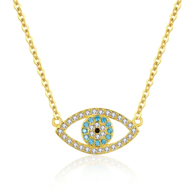 Sterling Silver with Yellow Gold Plated Circular Shaped Cubic Zirconia Devil's Eye Pendant Necklace-1