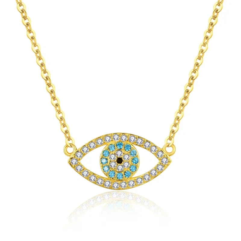 Sterling Silver with Yellow Gold Plated Circular Shaped Cubic Zirconia Devil's Eye Pendant Necklace-5