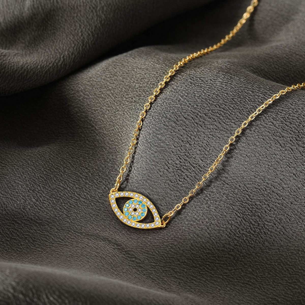 Sterling Silver with Yellow Gold Plated Circular Shaped Cubic Zirconia Devil's Eye Pendant Necklace-4