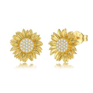 Sterling Silver with Yellow Gold Plated Circular Shaped Diamond Sunflower Stud Earrings-12