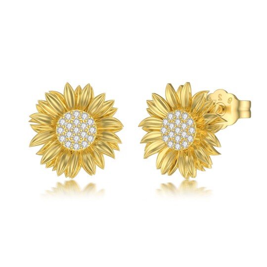 Sterling Silver with Yellow Gold Plated Circular Shaped Diamond Sunflower Stud Earrings