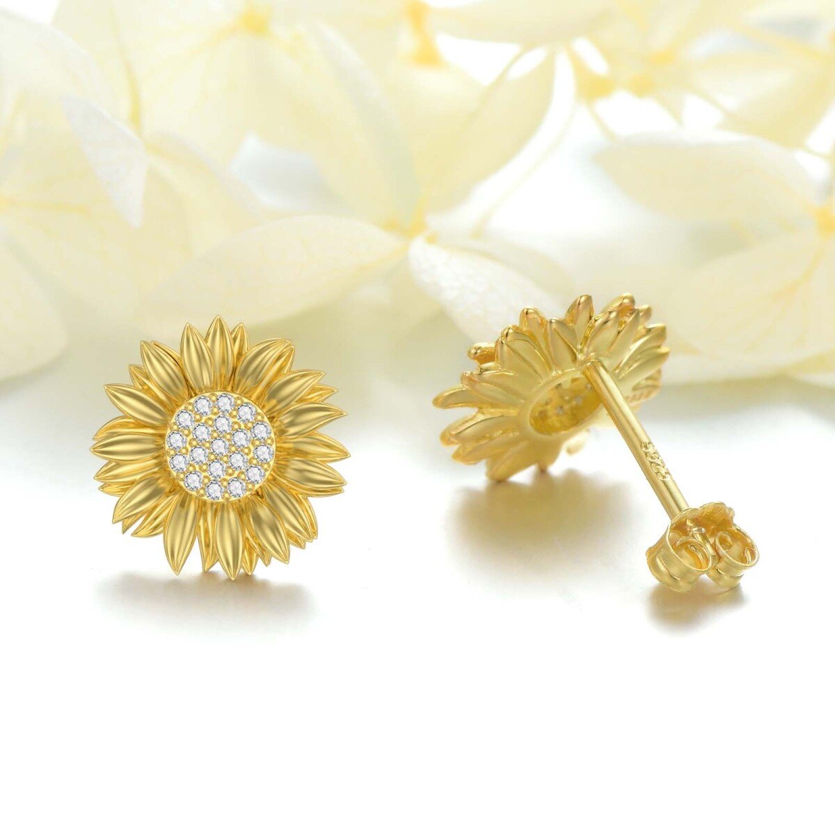 Boucles d'oreilles tournesol en argent sterling et plaqué or jaune avec diamants de forme-4