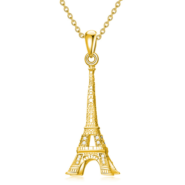 Sterling Silver with Yellow Gold Plated Circular Shaped Cubic Zirconia Eiffel Tower Pendant Necklace-1