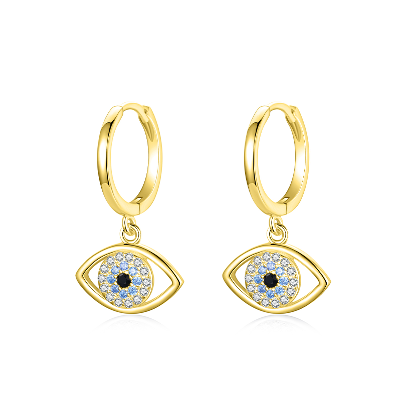 Sterling Silver with Yellow Gold Plated Circular Shaped Cubic Zirconia Evil Eye Drop Earrings