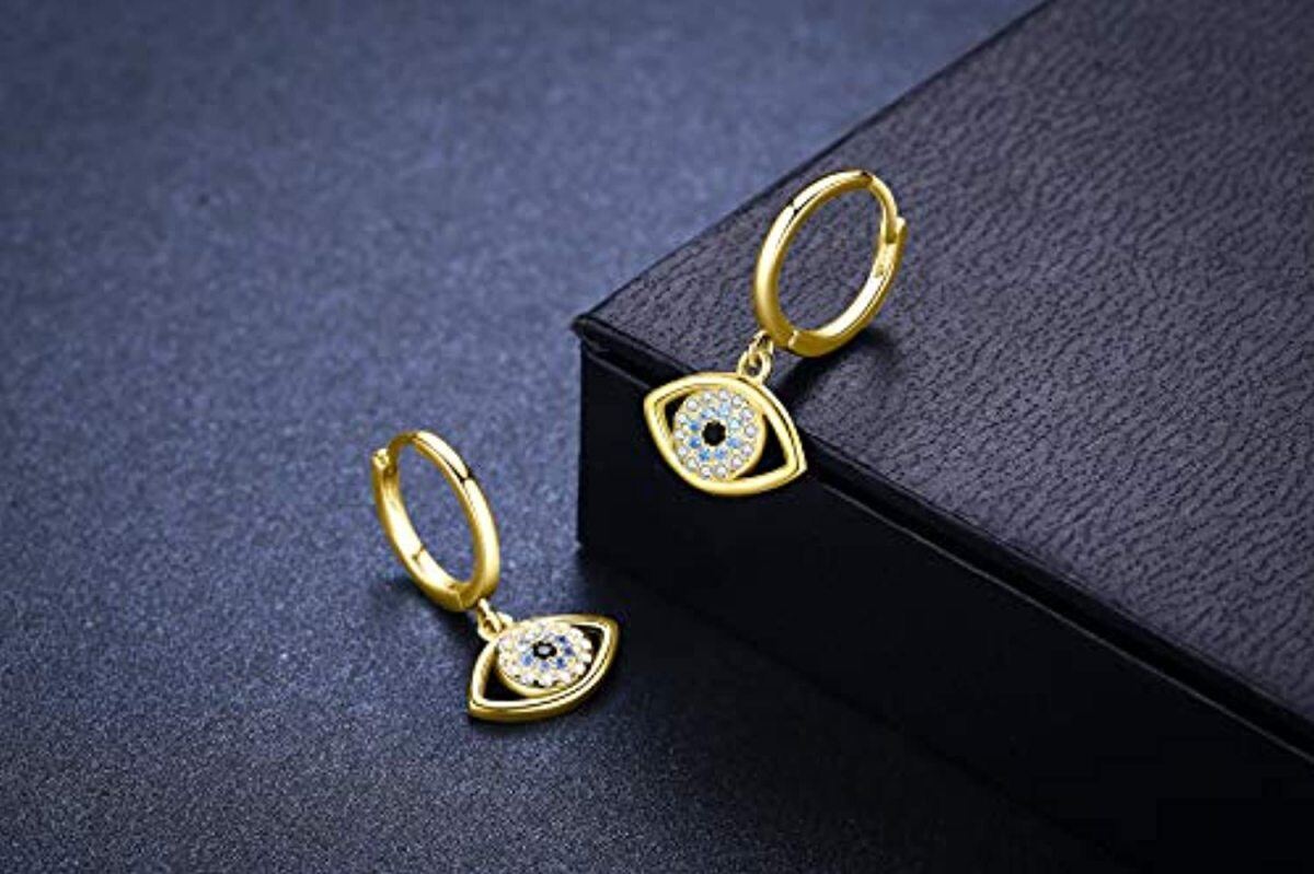 Sterling Silber mit Gelbgold plattiert kreisförmig Cubic Zirkonia Evil Eye Tropfen Ohrring-4