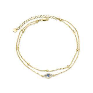 Sterling Silver with Yellow Gold Plated Circular Shaped Cubic Zirconia Evil Eye Multi-layered Anklet-47