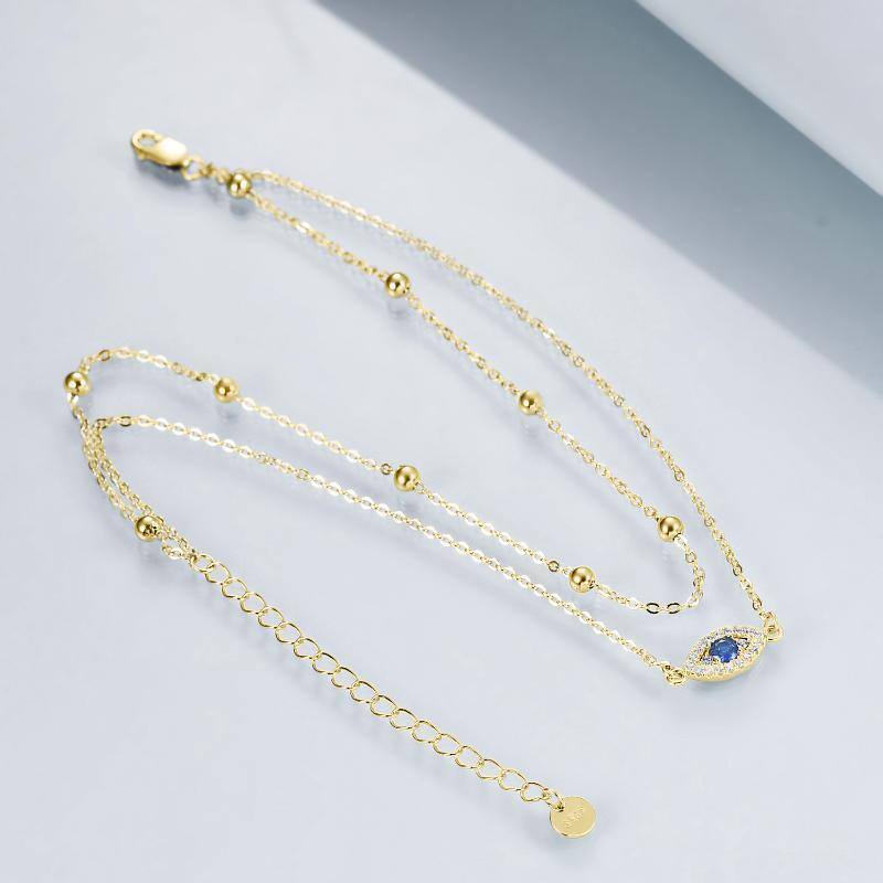 Sterling Silver with Yellow Gold Plated Circular Shaped Cubic Zirconia Evil Eye Multi-layered Anklet-4