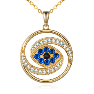 Sterling Silver with Yellow Gold Plated Circular Shaped Cubic Zirconia Evil Eye Pendant Necklace-37