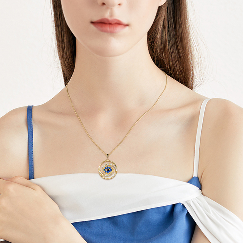 Sterling Silver with Yellow Gold Plated Circular Shaped Cubic Zirconia Evil Eye Pendant Necklace-2