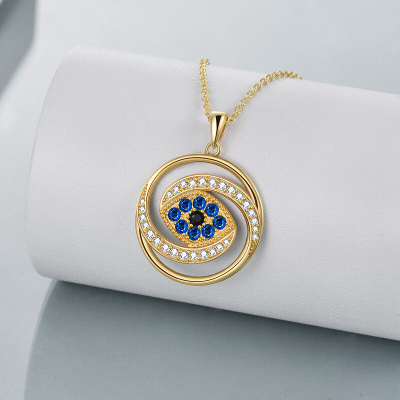 Sterling Silver with Yellow Gold Plated Circular Shaped Cubic Zirconia Evil Eye Pendant Necklace-3