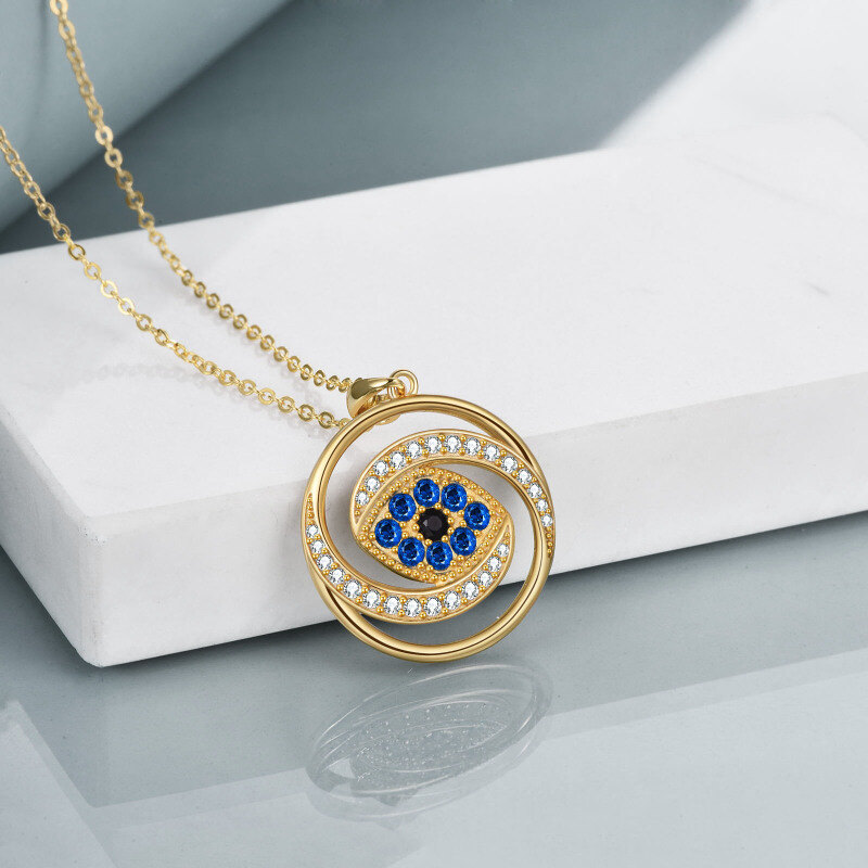 Sterling Silver with Yellow Gold Plated Circular Shaped Cubic Zirconia Evil Eye Pendant Necklace-4