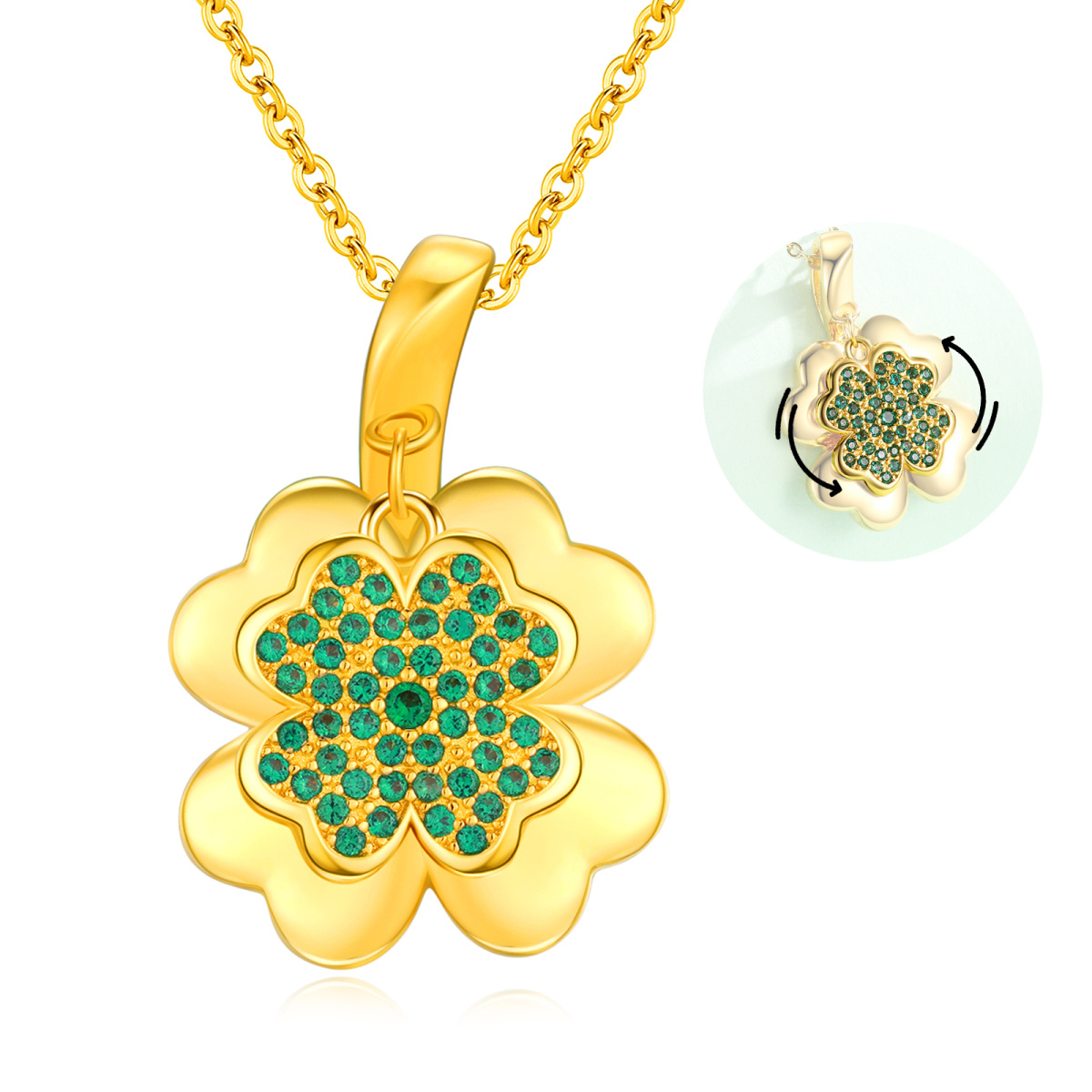 Sterling Silver with Yellow Gold Plated Circular Shaped Cubic Zirconia Four Leaf Clover Pendant Necklace-1