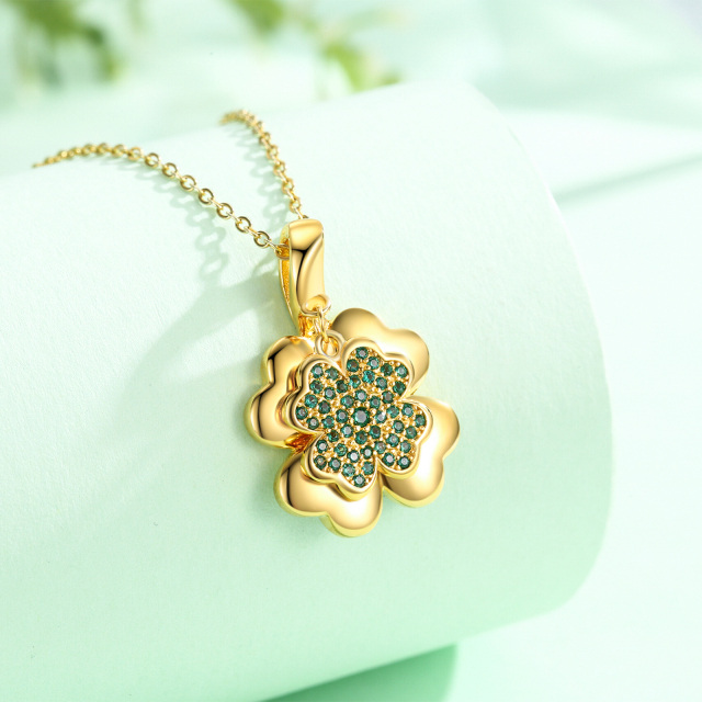 Sterling Silver with Yellow Gold Plated Circular Shaped Cubic Zirconia Four Leaf Clover Pendant Necklace-5