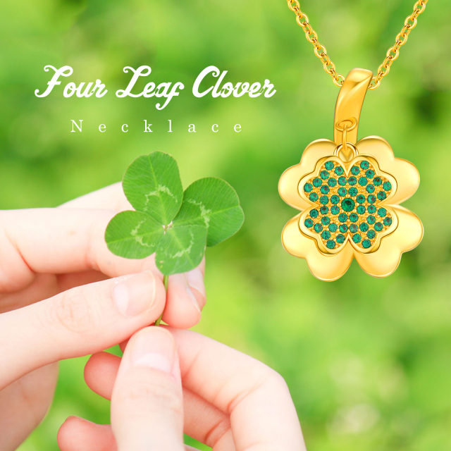 Sterling Silver with Yellow Gold Plated Circular Shaped Cubic Zirconia Four Leaf Clover Pendant Necklace-7