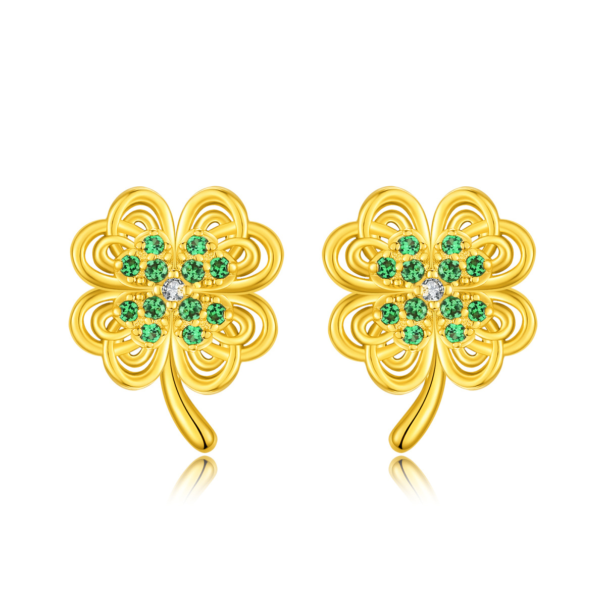 Boucles d'oreilles à tige en argent sterling avec zircone cubique de forme circulaire plaquée or jaune, trèfle à quatre feuilles-1