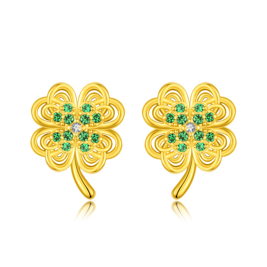 Boucles d'oreilles à tige en argent sterling avec zircone cubique de forme circulaire plaquée or jaune, trèfle à quatre feuilles