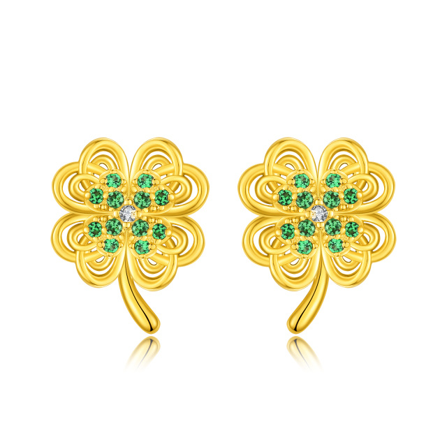 Boucles d'oreilles à tige en argent sterling avec zircone cubique de forme circulaire plaquée or jaune, trèfle à quatre feuilles-1