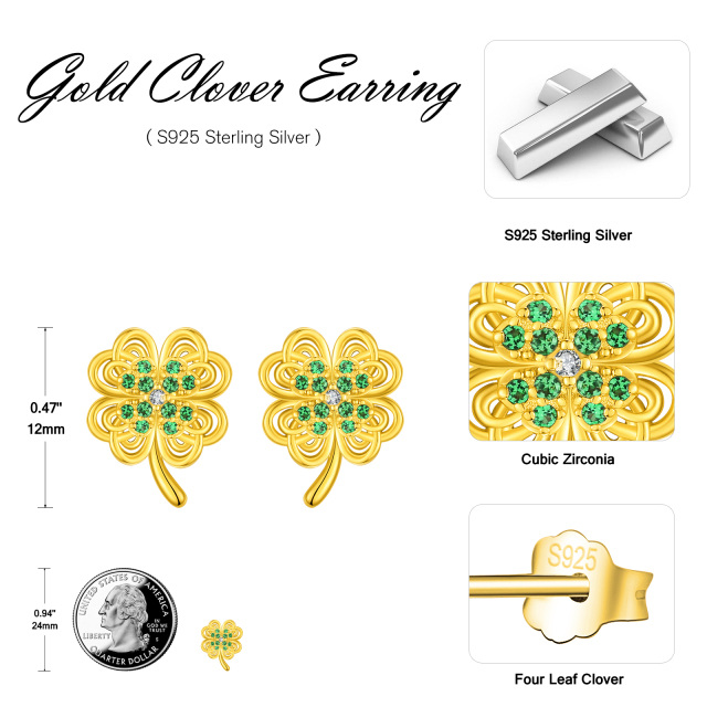 Sterling Silver with Yellow Gold Plated Circular Shaped Cubic Zirconia Four Leaf Clover Stud Earrings-5