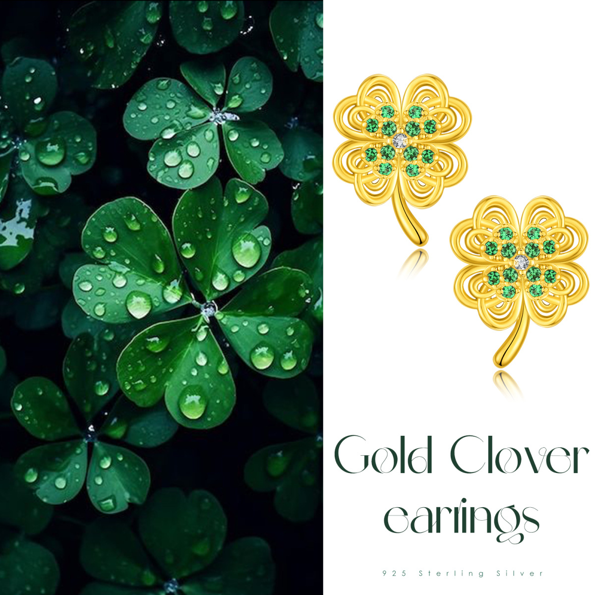 Sterling Silver with Yellow Gold Plated Circular Shaped Cubic Zirconia Four Leaf Clover Stud Earrings-6