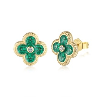 Sterling Silver with Yellow Gold Plated Circular Shaped Cubic Zirconia Four Leaf Clover Stud Earrings-17