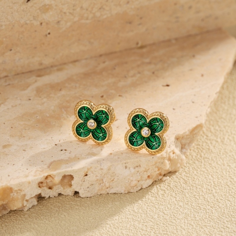 Sterling Silver with Yellow Gold Plated Circular Shaped Cubic Zirconia Four Leaf Clover Stud Earrings-6