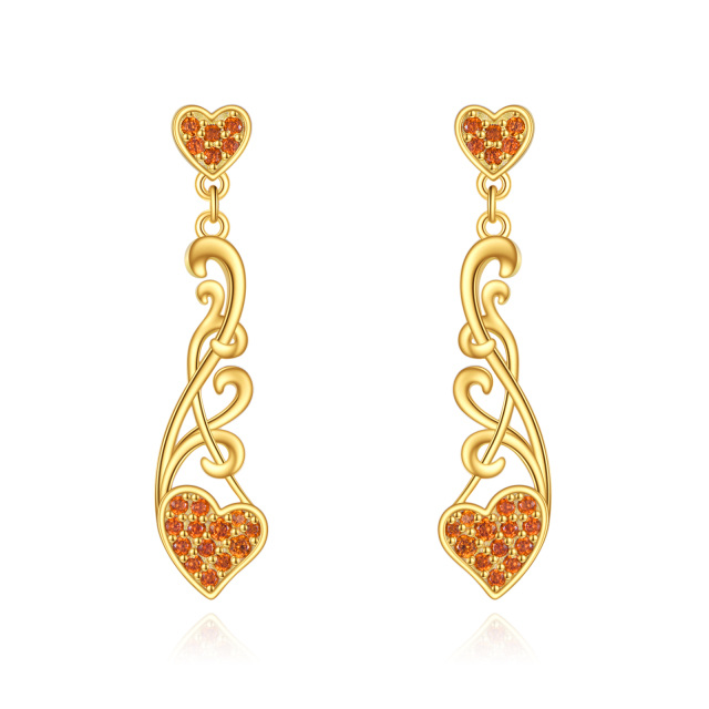 Sterling Silver with Yellow Gold Plated Circular Shaped Cubic Zirconia Heart Drop Earrings-1