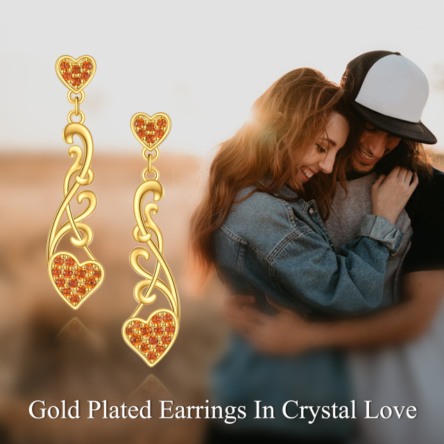 Sterling Silver with Yellow Gold Plated Circular Shaped Cubic Zirconia Heart Drop Earrings-6