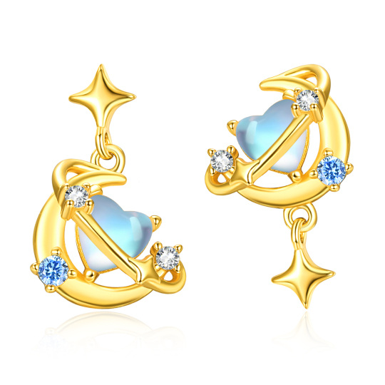 Sterling Silver With Yellow Gold Plated Heart Moonstone With Cubic Zirconia Star Drop Earrings For Women