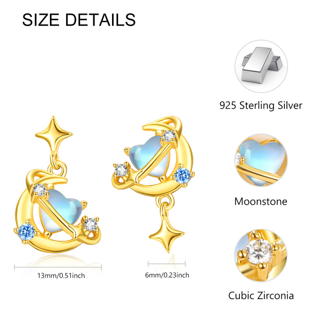 Sterling Silver with Yellow Gold Plated Circular Shaped & Heart Shaped Cubic Zirconia & Moonstone Moon & Star Drop Earrings-4