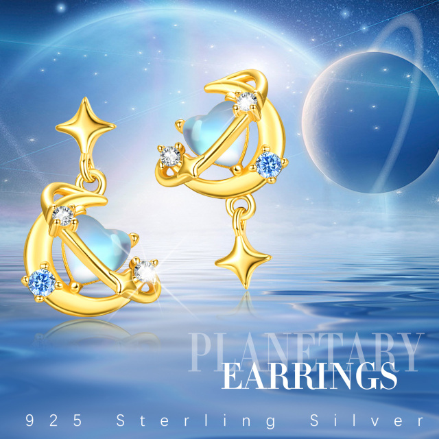 Sterling Silver with Yellow Gold Plated Circular Shaped & Heart Shaped Cubic Zirconia & Moonstone Moon & Star Drop Earrings-5