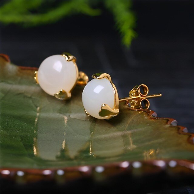 Sterling Silver with Yellow Gold Plated Circular Shaped Jade Round Stud Earrings-6