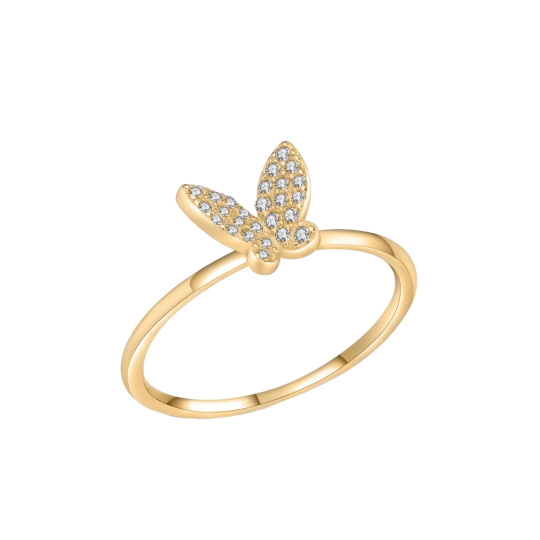 Plata de ley con anillo de mariposa de diamantes creado en laboratorio con forma circular chapada en oro amarillo