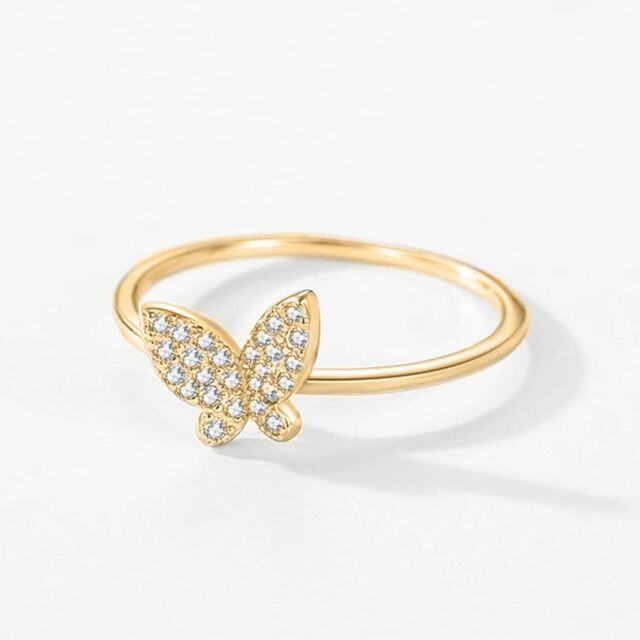 Sterling Silver with Yellow Gold Plated Circular Shaped Lab Created Diamond Butterfly Ring-4