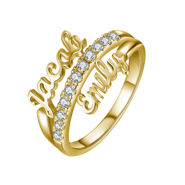 Anillo con nombre clásico personalizado de plata de ley con diamante circular creado en laboratorio chapado en oro amarillo-1