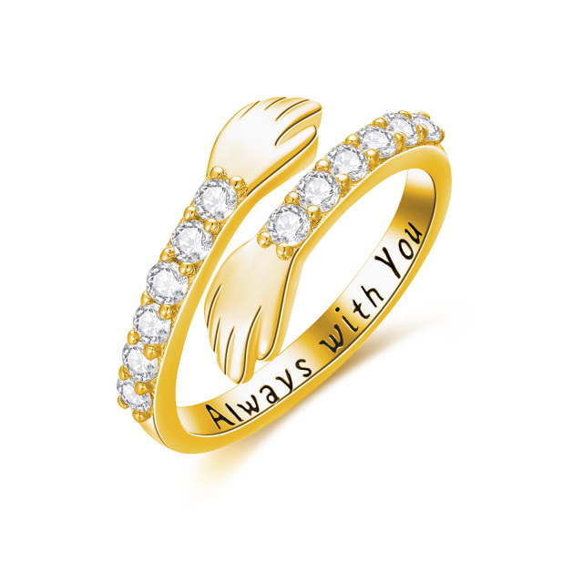 Sterling Silver with Yellow Gold Plated Circular Shaped Cubic Zirconia Lover Couples Embrace Open Ring with Engraved Word-1