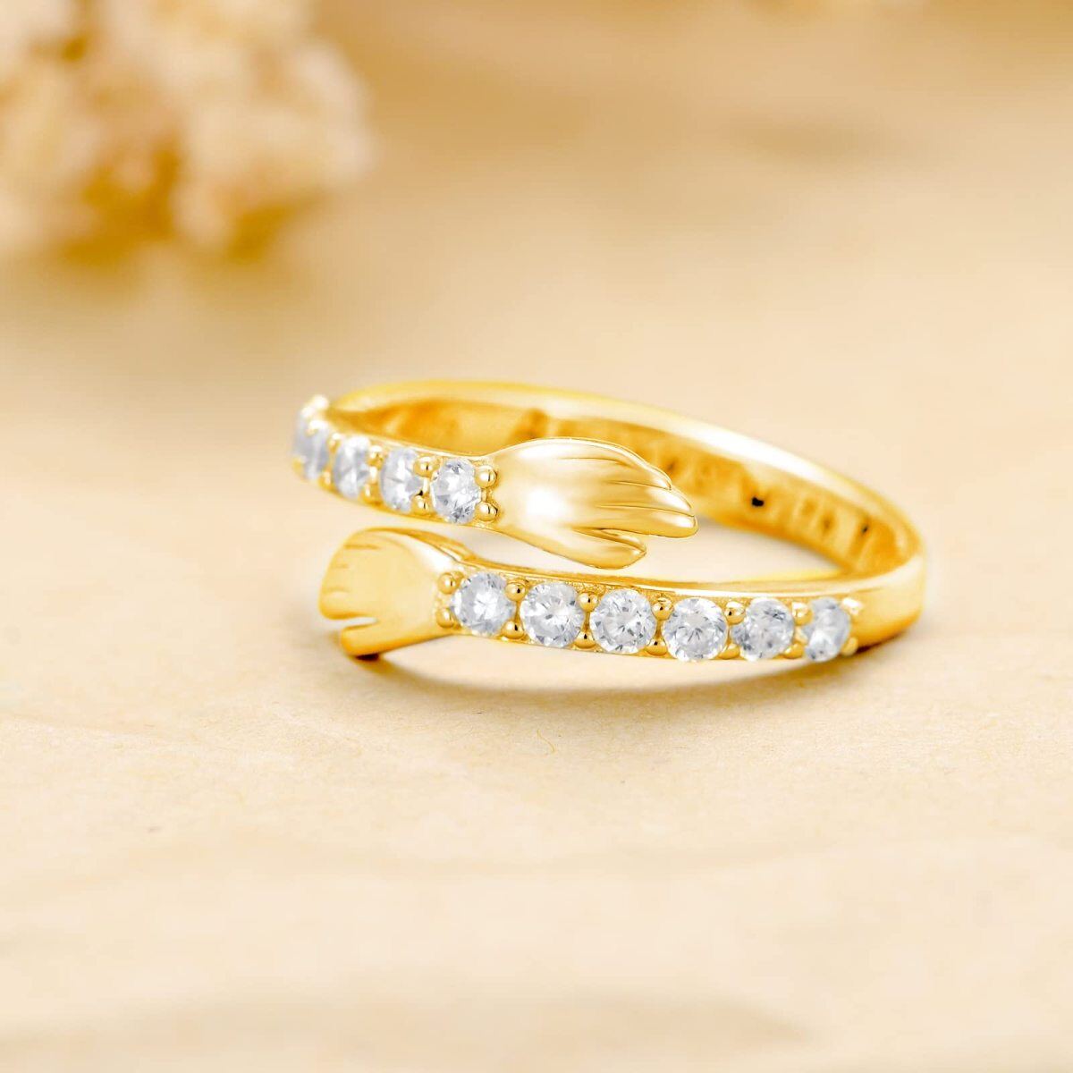 Sterling Silver with Yellow Gold Plated Circular Shaped Cubic Zirconia Lover Couples Embrace Open Ring with Engraved Word-3