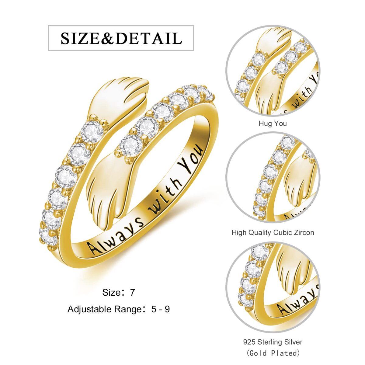 Sterling Silver with Yellow Gold Plated Circular Shaped Cubic Zirconia Lover Couples Embrace Open Ring with Engraved Word-4