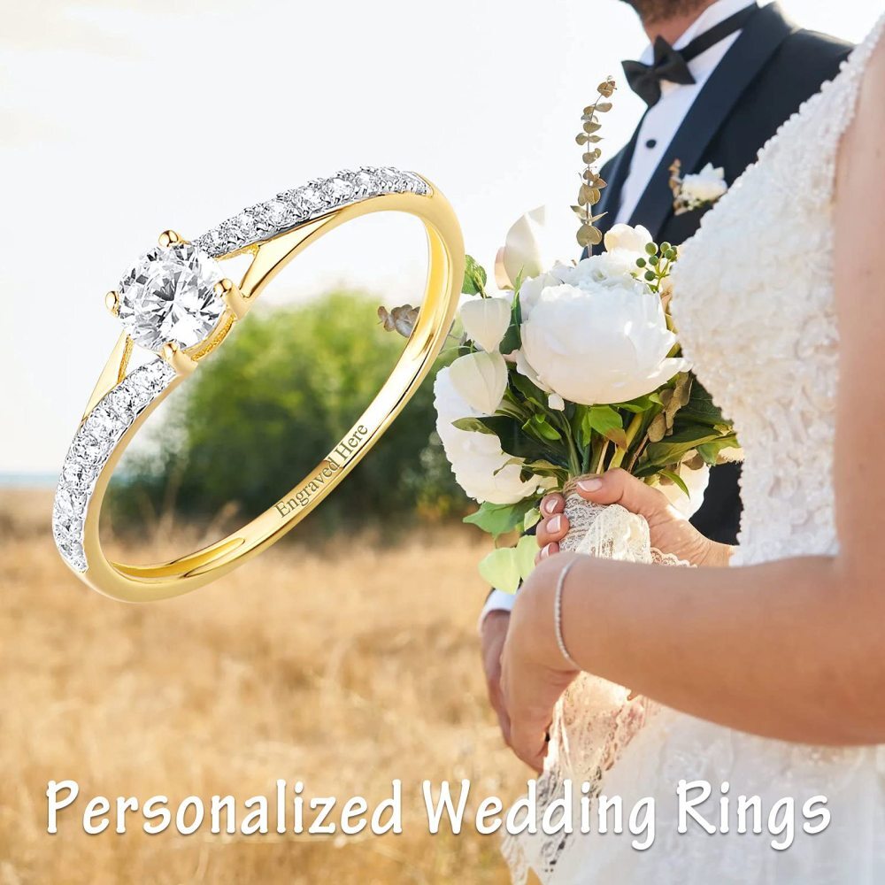 Sterling Silber mit Gelbgold plattiertem rundem Moissanit personalisierter klassischer Namens-Ehering-6