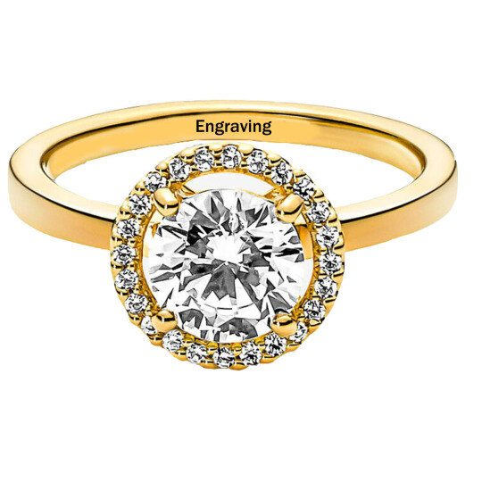 Bague de fiançailles en argent sterling avec gravure personnalisée en forme de moissanite de forme circulaire plaquée or jaune