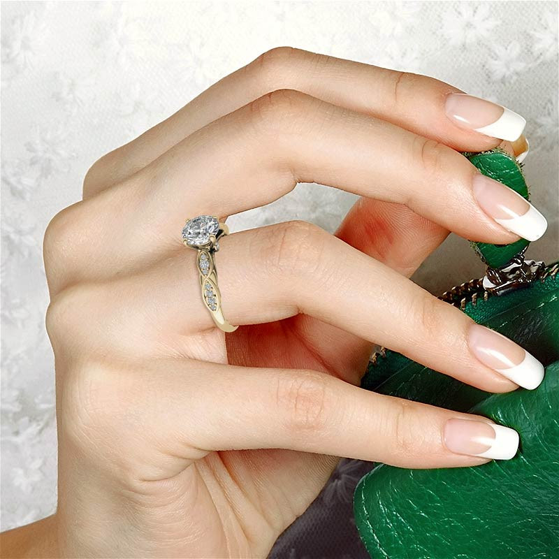 Sterling Silver with Yellow Gold Plated Round Shaped Moissanite Personalized Engraving Engagement Ring-2