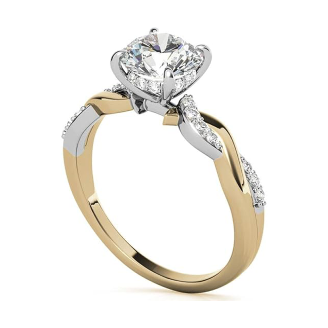 Sterling Silver with Yellow Gold Plated Circular Shaped Moissanite Personalized Engraving Engagement Ring-4