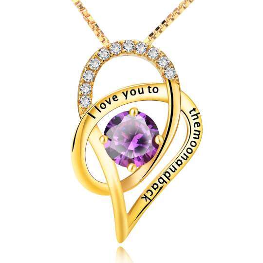 Sterling Silver with Yellow Gold Plated Circular Shaped Cubic Zirconia Moon Pendant Necklace with Engraved Word