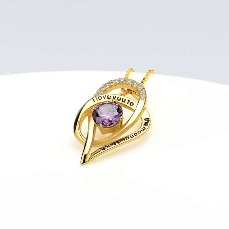 Sterling Silver With Yellow Gold Plated Circularcubic Zirconia Moon Pendant Necklace With Engraved Word For Women-4